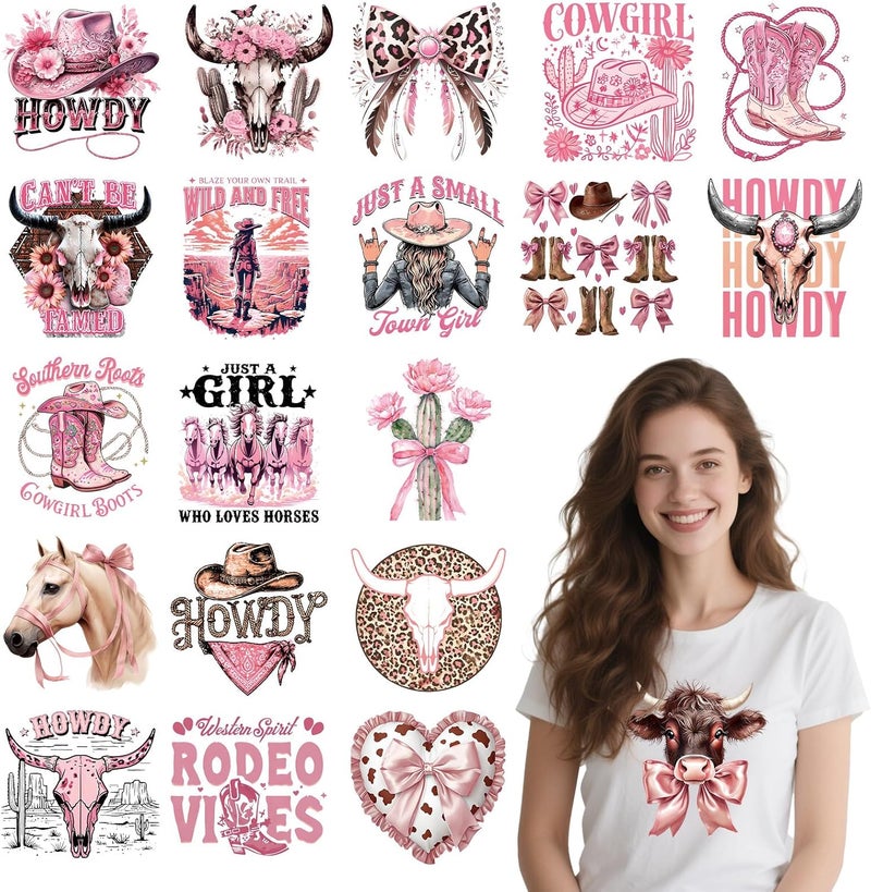 Shejdgart Dtf Transfers Ready to Press - 20 Pcs Western Cowgirl Iron on Patches for T-Shirts, Pink Coquete Bow Heat Transfer Designs Vinyl Stickers for Women, Iron on Decals for DIY Clothes Bags - Image 1